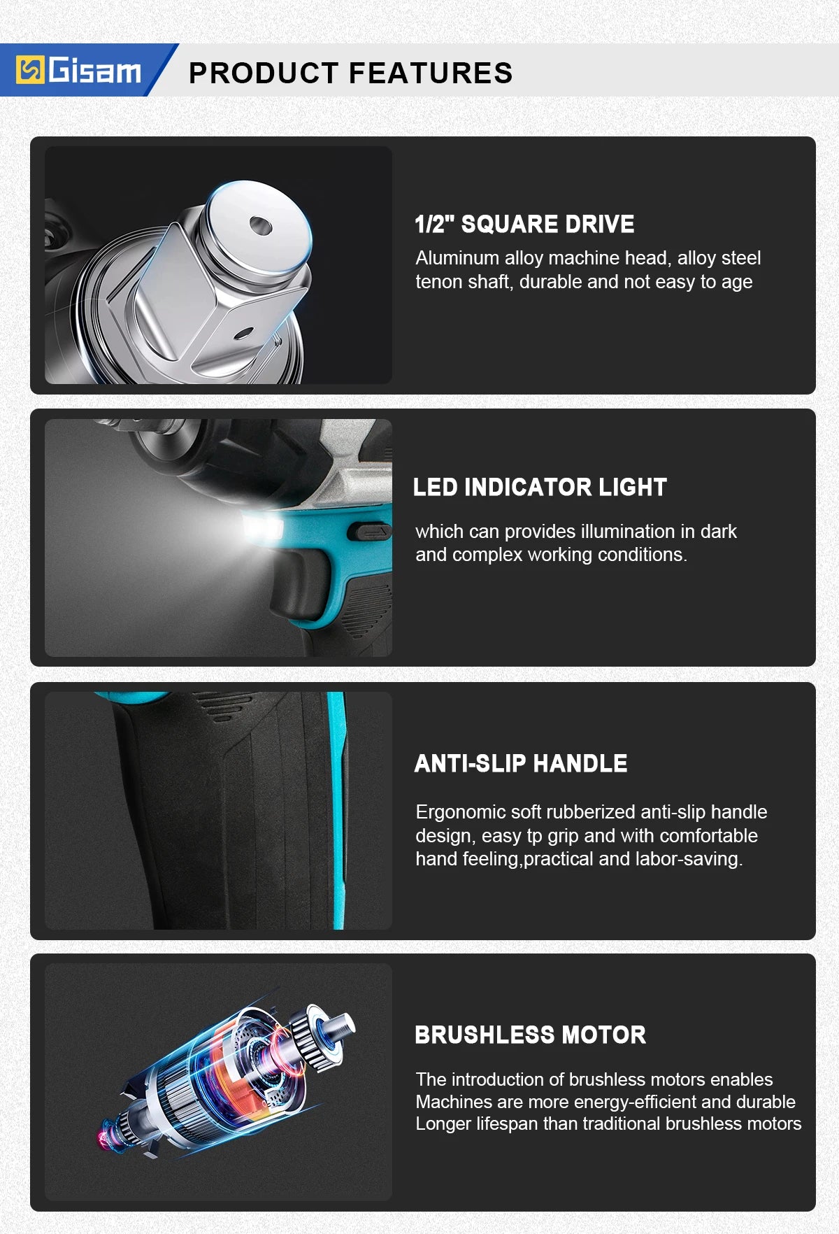 Gisam 1800N.m Brushless Impact Wrench 1/2" for Makita 18V