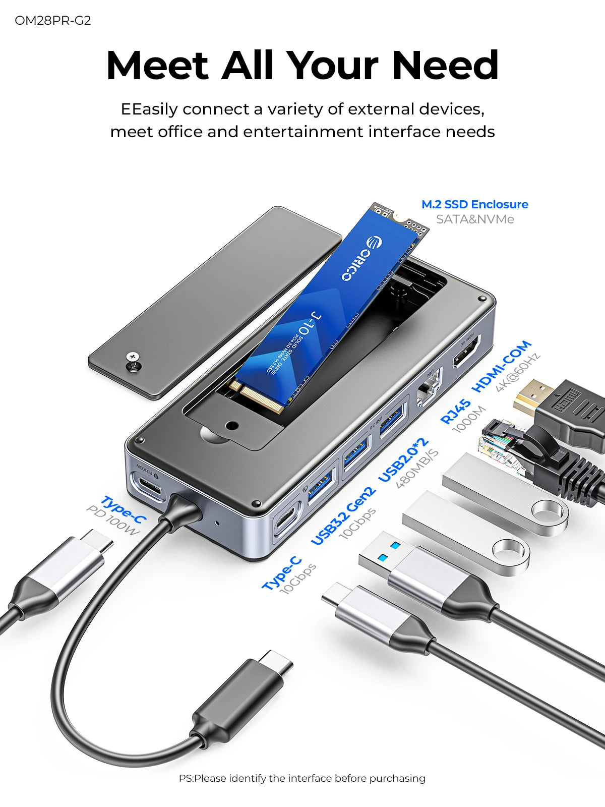 RICO USB‑C Hub Docking Station with M.2 NVMe/SATA SSD Enclosure