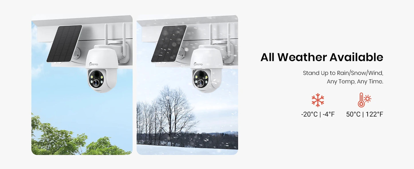 Camstro 2K Solar PTZ Camera | Color Night Vision, 4× Optical Zoom, Two‑Way Audio, 2.4G WiFi