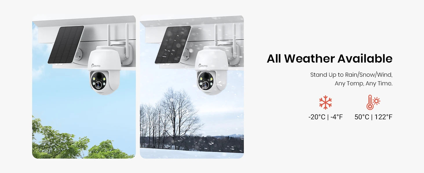 Camstro 2K Solar PTZ Camera | Color Night Vision, 4× Optical Zoom, Two‑Way Audio, 2.4G WiFi