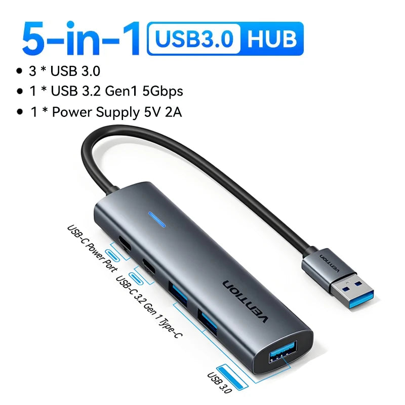 Vention USB‑C to USB‑A 4‑Port Hub | High‑Speed USB 3.0 Splitter for MacBook & Laptops