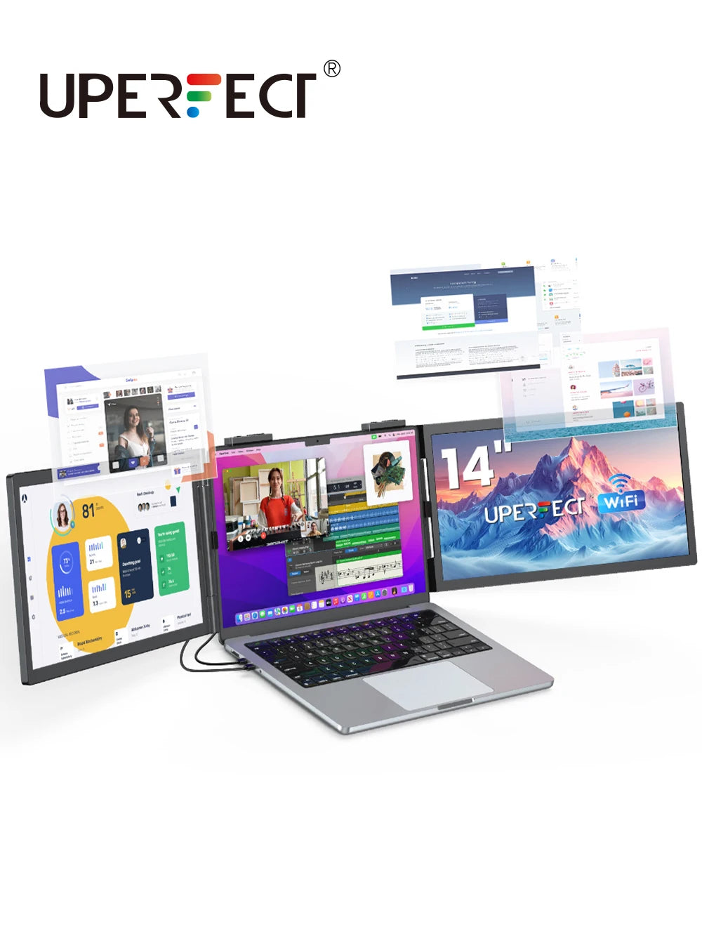 UPERFECT 14'' Wireless Portable Monitor Triple Laptop Screen Extender 1080 FHD Travel Display For 13.3"-17" Laptops PC Mac XBOX - Limetastore