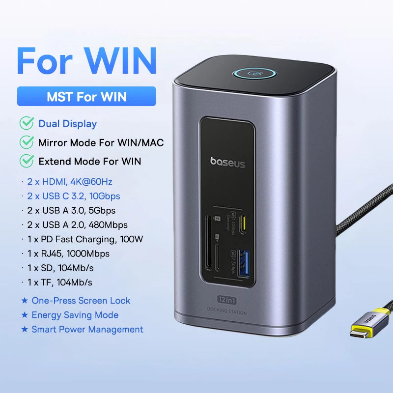 Baseus 12‑in‑1 USB‑C HUB | DisplayPort + HDMI 4K@60Hz MST, USB 3.2, RJ45, PD 100W Docking Station