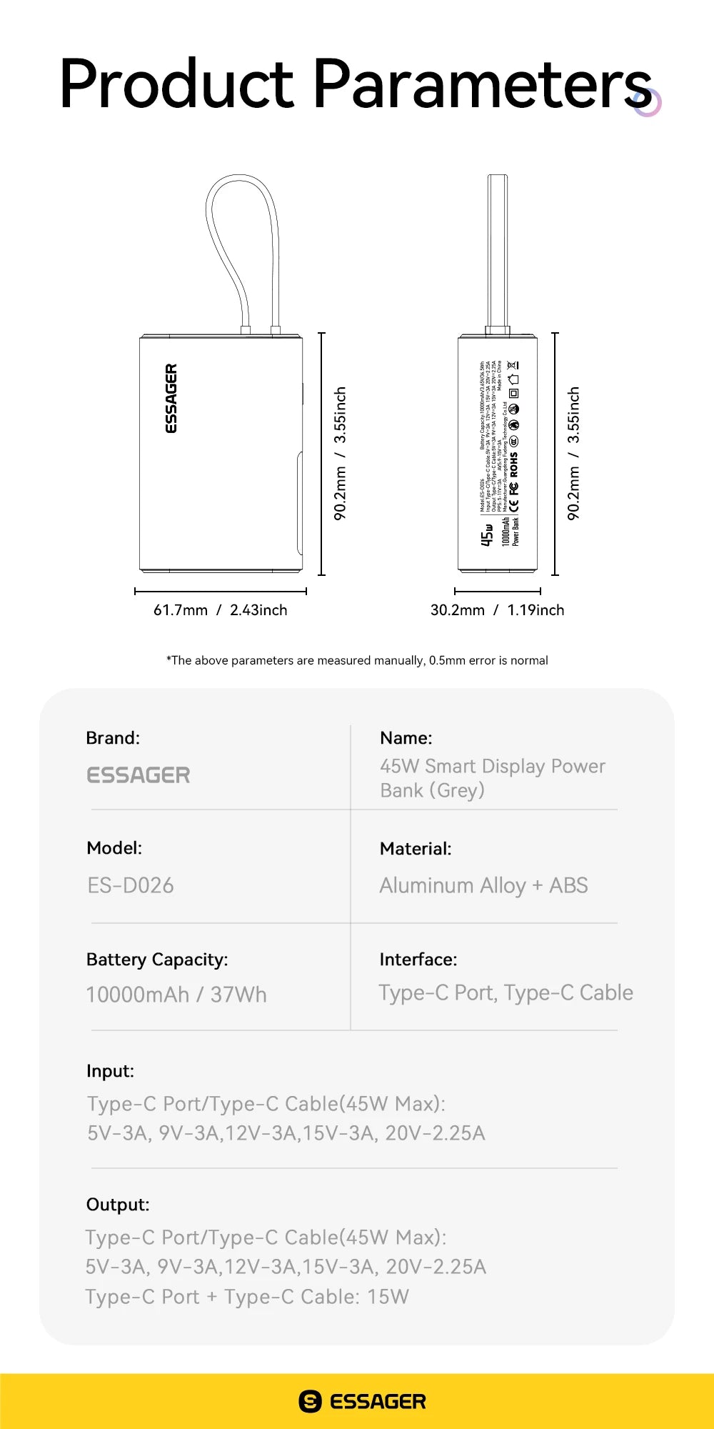 ESSAGER 45W Power Bank 10000mAh with Built-in USB-C Cable