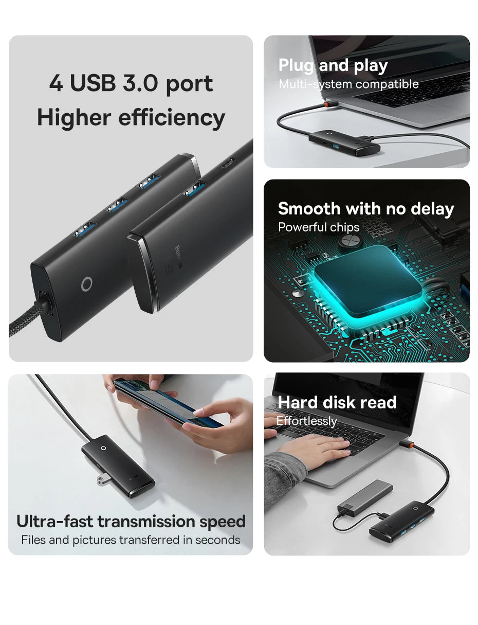 Baseus 4‑in‑1 USB‑C Hub | Type‑C to 4× USB 3.0 5Gbps Splitter Adapter for Laptop & PC