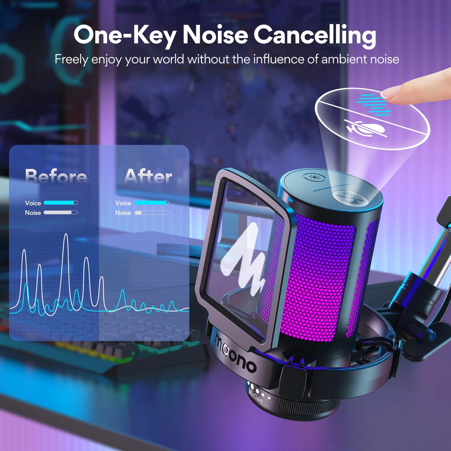 Maono DGM20S – RGB USB Gaming Condenser Microphone | Mic Gain & Noise‑Reduction Software for Streaming, Gaming & Recording
