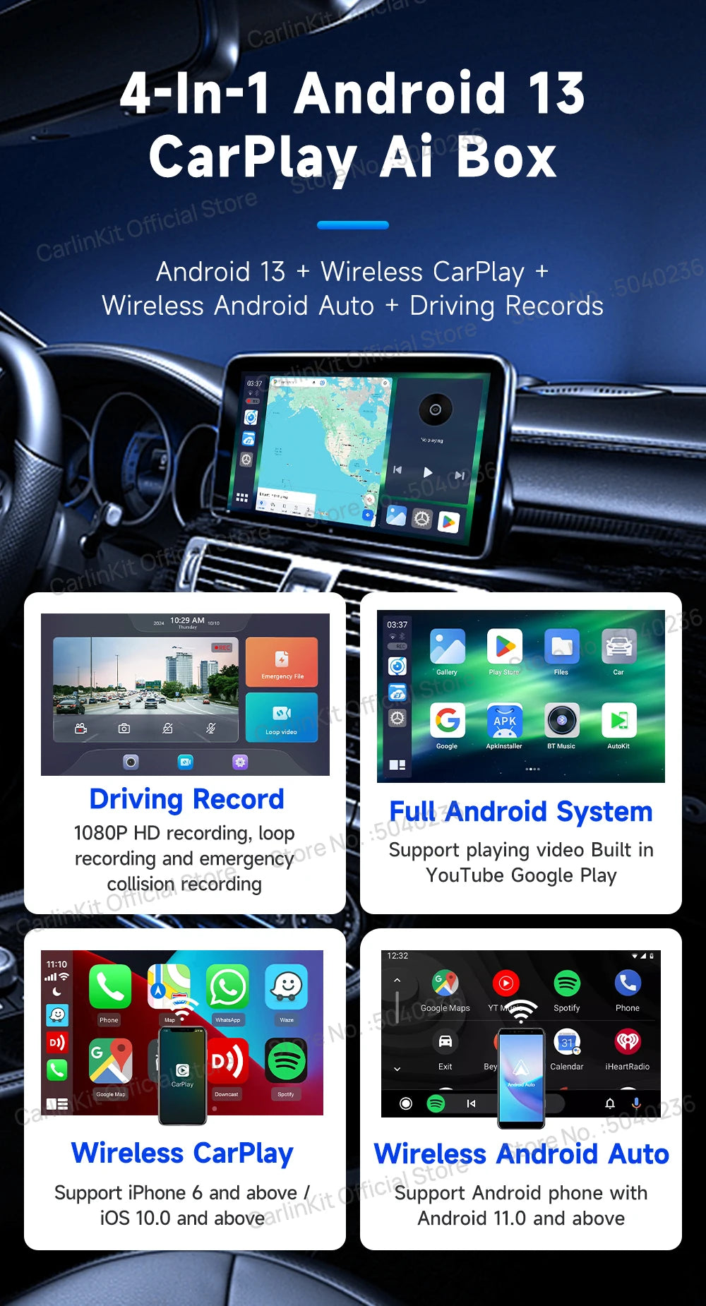 CarlinKit Android 13 8‑Core 8+128GB Wireless CarPlay AI Box