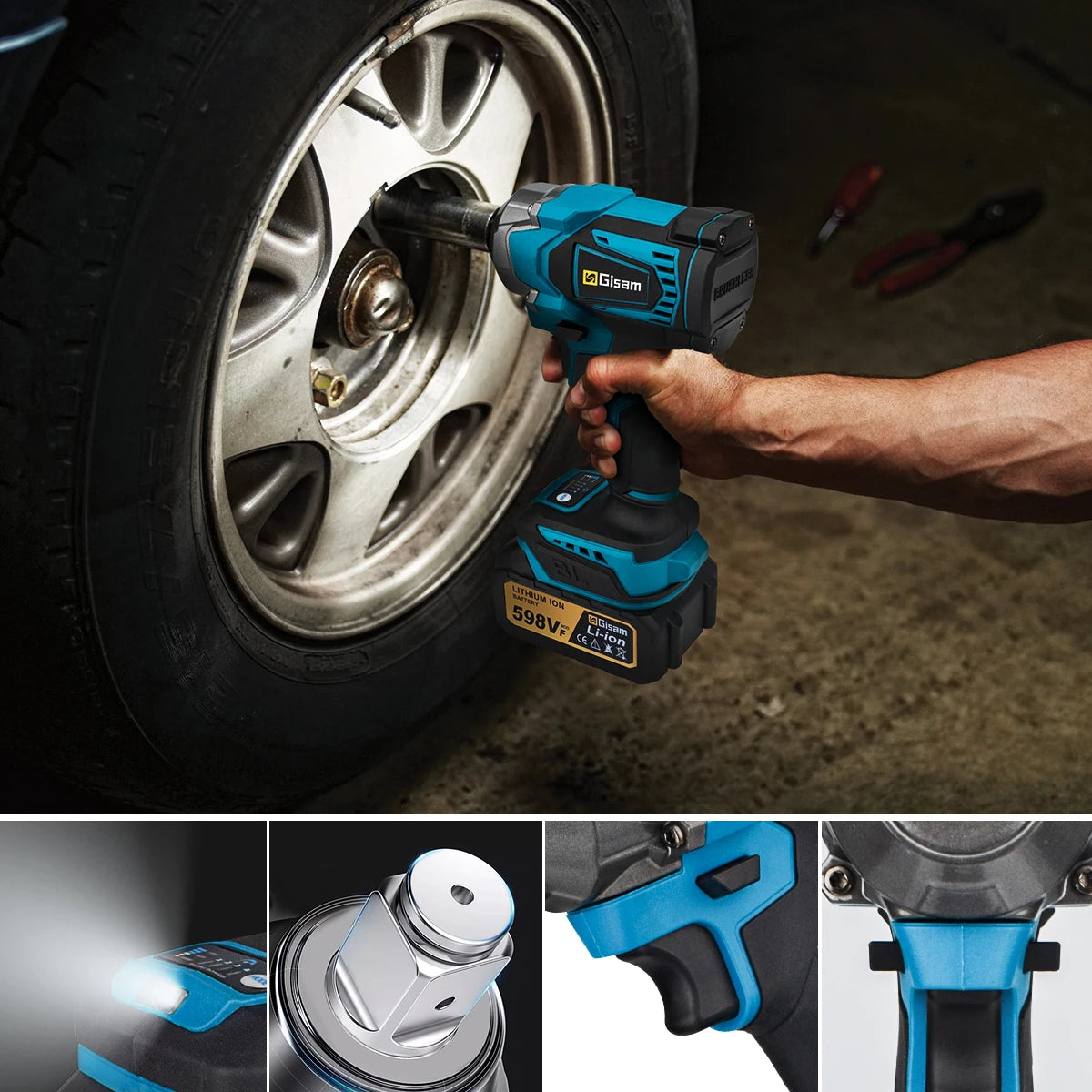 Gisam 1200N.m Torque Brushless Electric Impact Wrench 1/2 inch Cordless Wrench Screwdriver