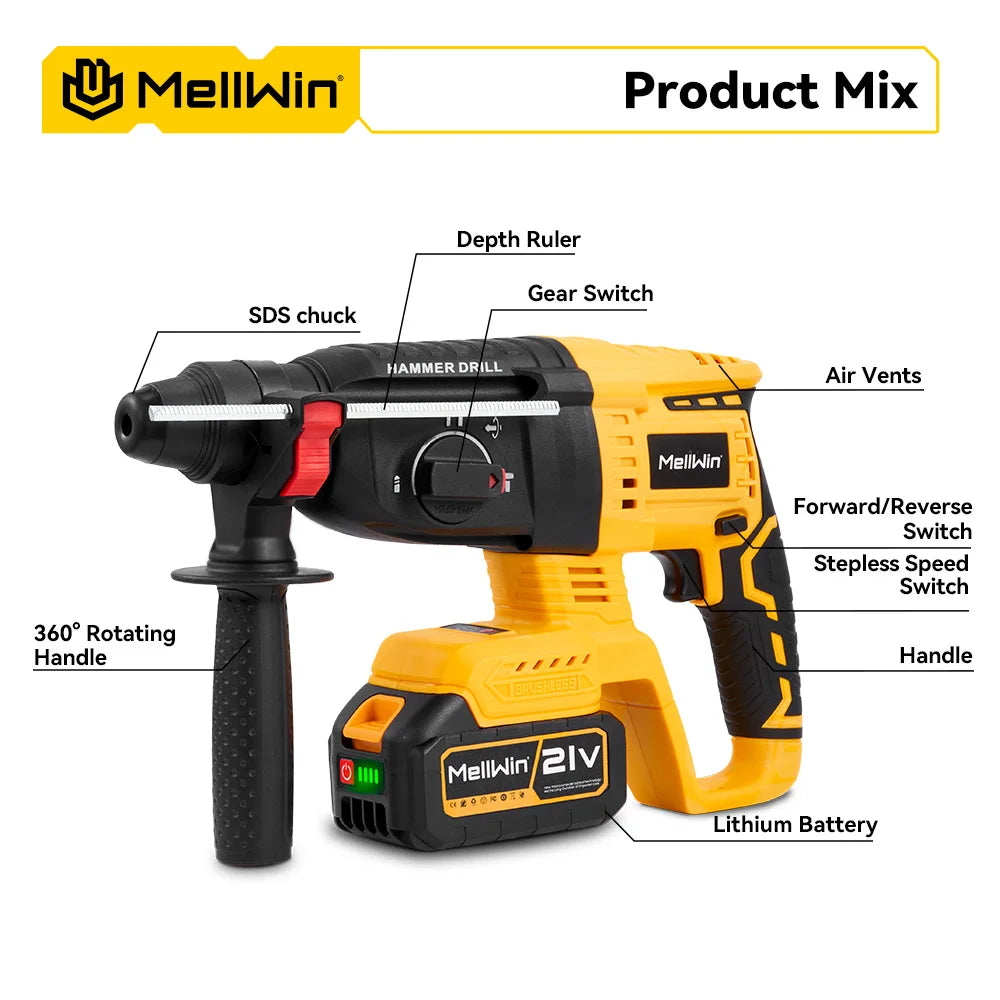 MELLWIN 3 in 1 Brushless Electric Hammer Drill Multifunction Impact Hammer for Steel Concrete Wood For Makita 18V Battery Pin - Limetastore