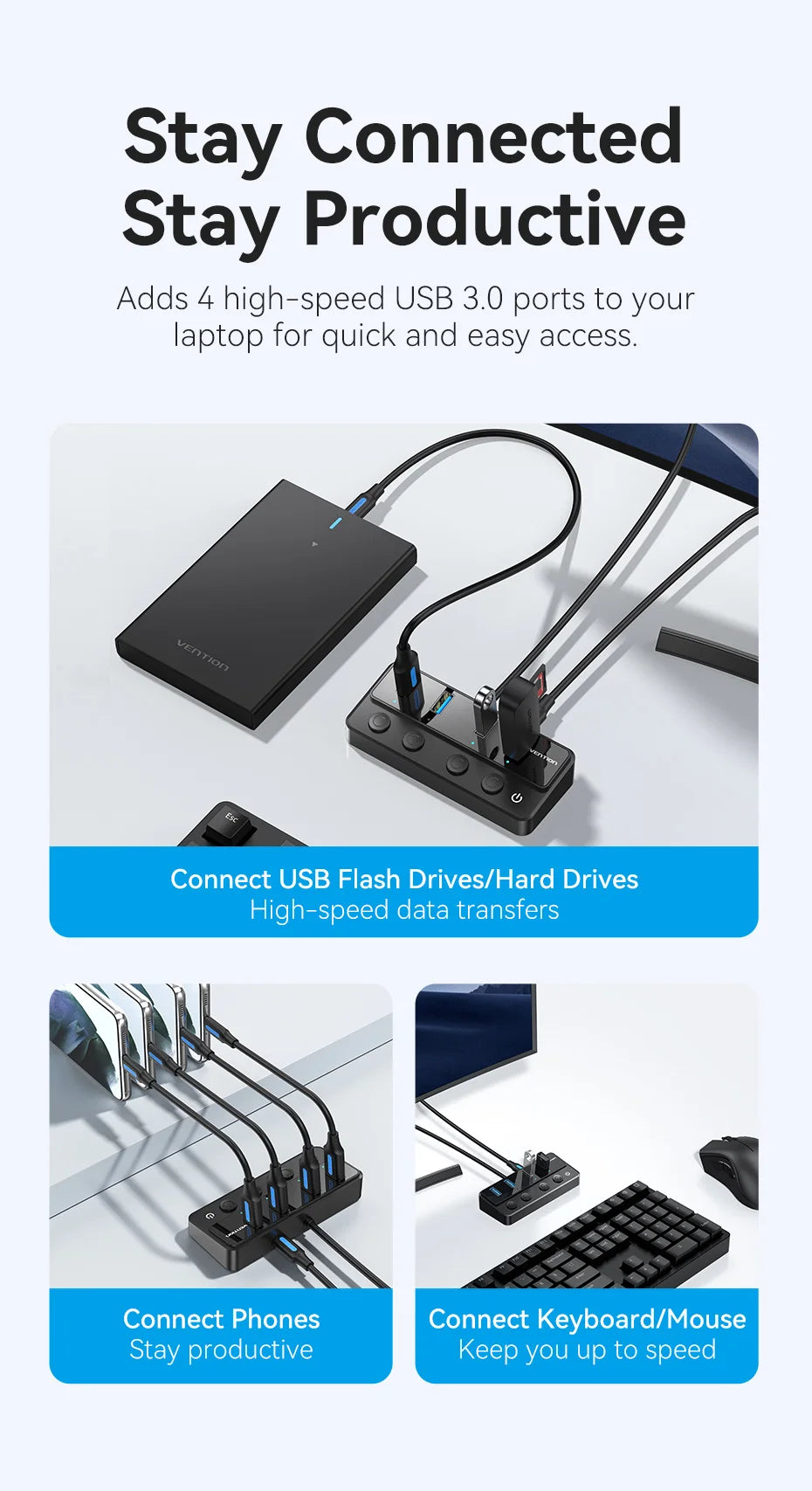 Vention USB 3.0 HUB with Individual Switches | 5Gbps High‑Speed USB‑A Port Extender