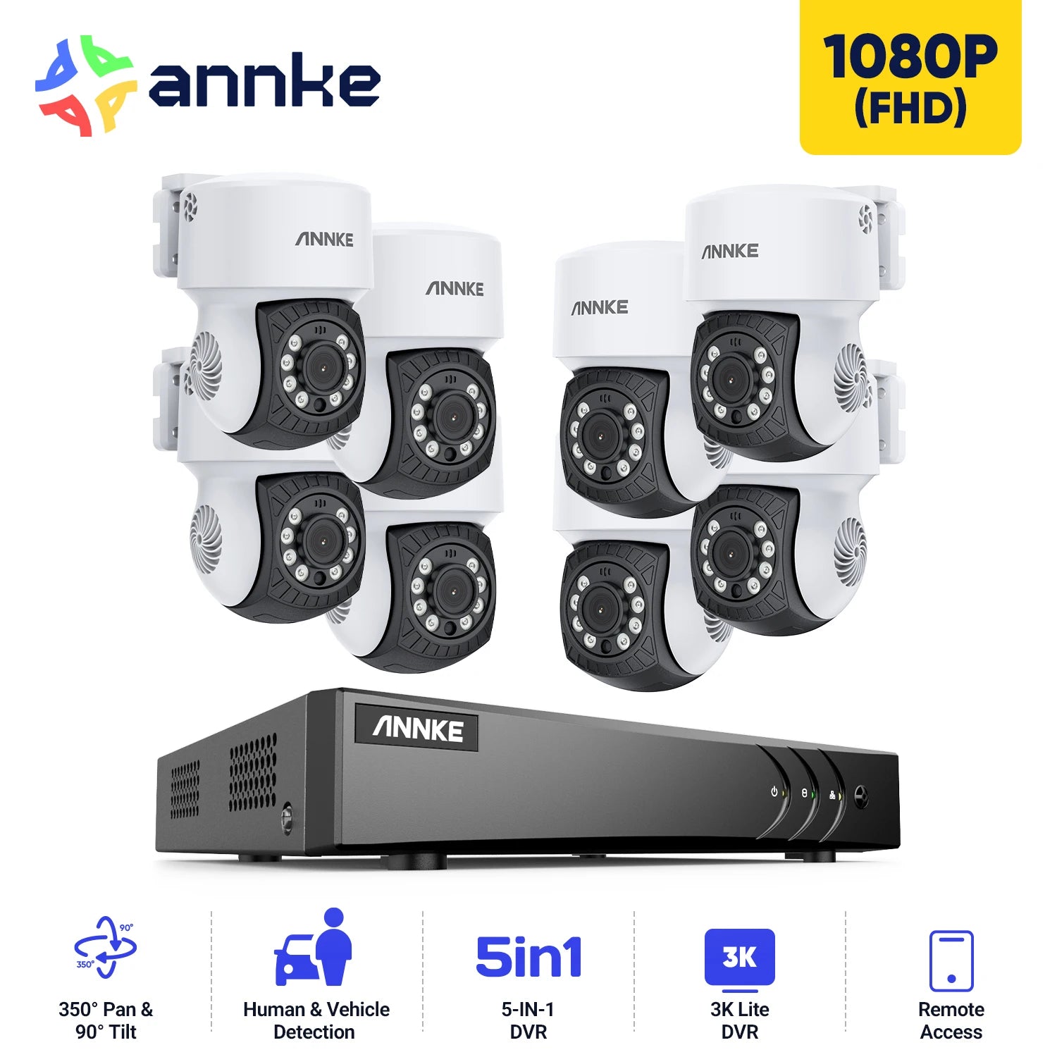 ANNKE 1080P CCTV System | 8CH 5MP DVR, 8× IP65 Ball Cameras, Human Detection