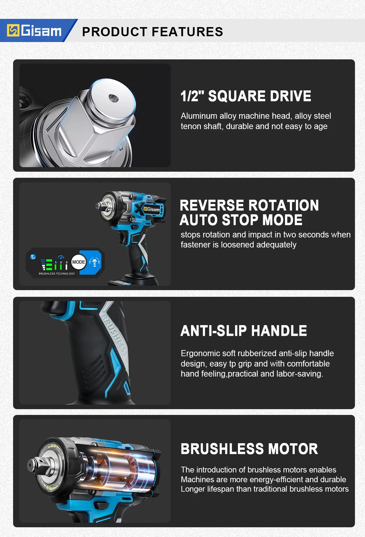 Gisam 900N.m Brushless Impact Wrench 1/2"