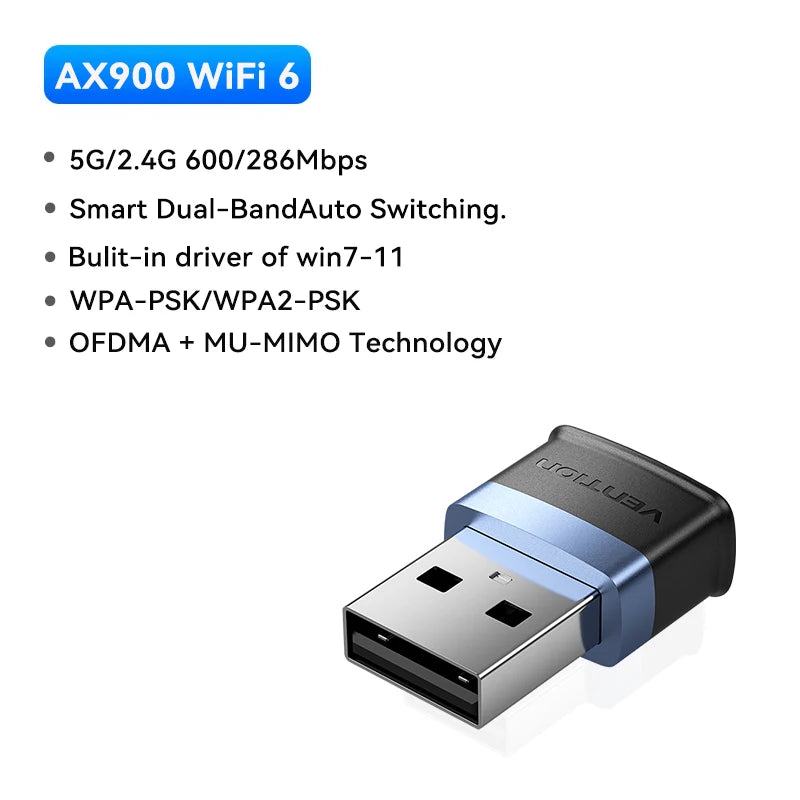 Vention WiFi 6 AX900 USB Adapter | Dual‑Band 2.4/5GHz Wireless Dongle for Windows PC & Laptop