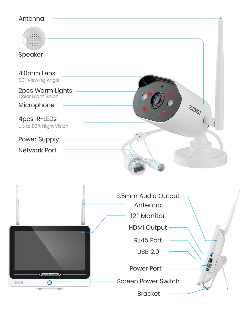 ZOSI 2K Wi‑Fi 6 8CH Security Camera System – 12'' LCD Monitor, 3MP Indoor/Outdoor Plug‑in WiFi Cameras