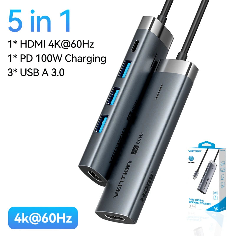 Vention 5‑in‑1 USB‑C Hub | 4K60Hz HDMI, USB 3.0, PD100W Multiport Dock for MacBook & Android