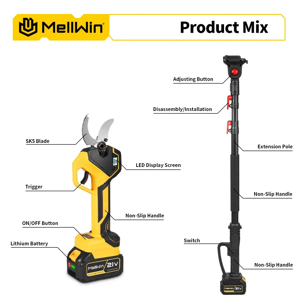 MELLWIN Brushless 50MM Electric Pruner Shear With 180CM Telescoping Pole Garden Pole Pruner Shear Tool For Makita 18VBattery Pin - Limetastore