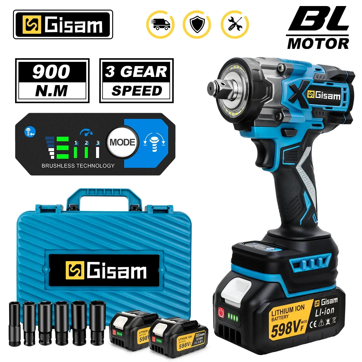 Gisam 900N.m Brushless Impact Wrench 1/2"