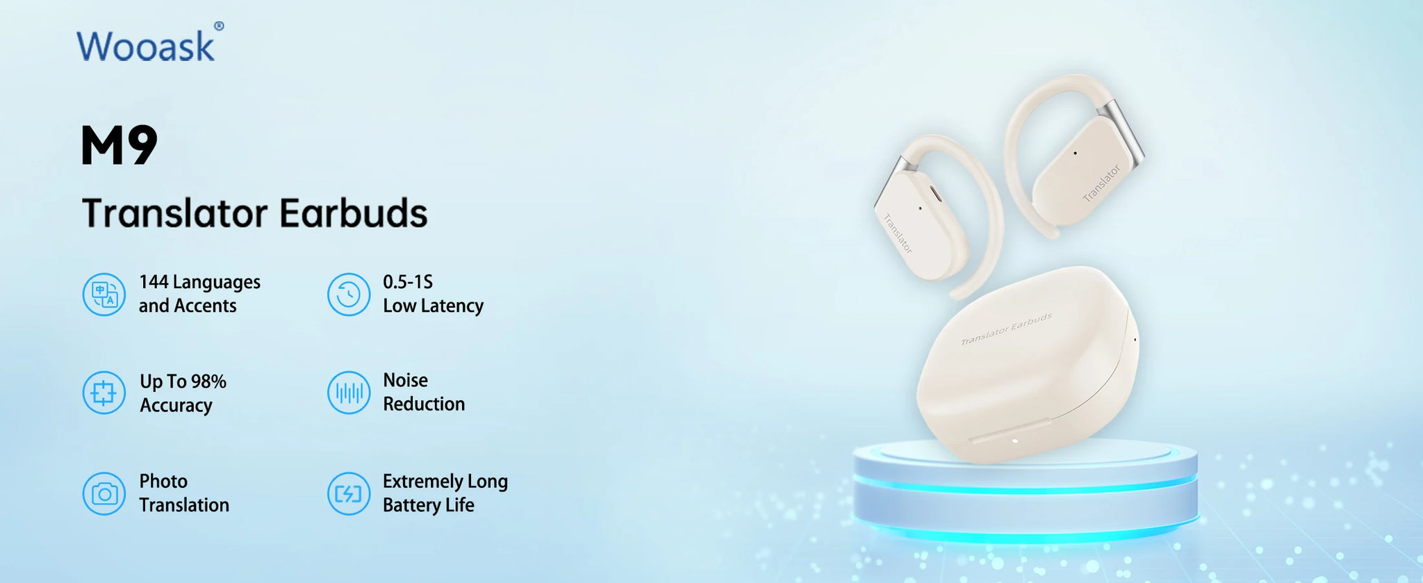 Wooask M9 Translator Earbuds 144 Languages 8 Offline Two-Way Real-Time