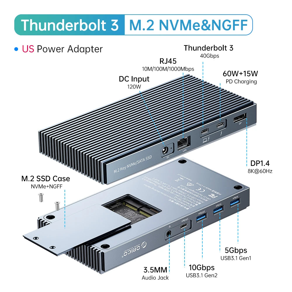 ORICO Thunderbolt 3 M.2 NVMe/NGFF SSD Enclosure Docking Station with 40Gbps USB‑C