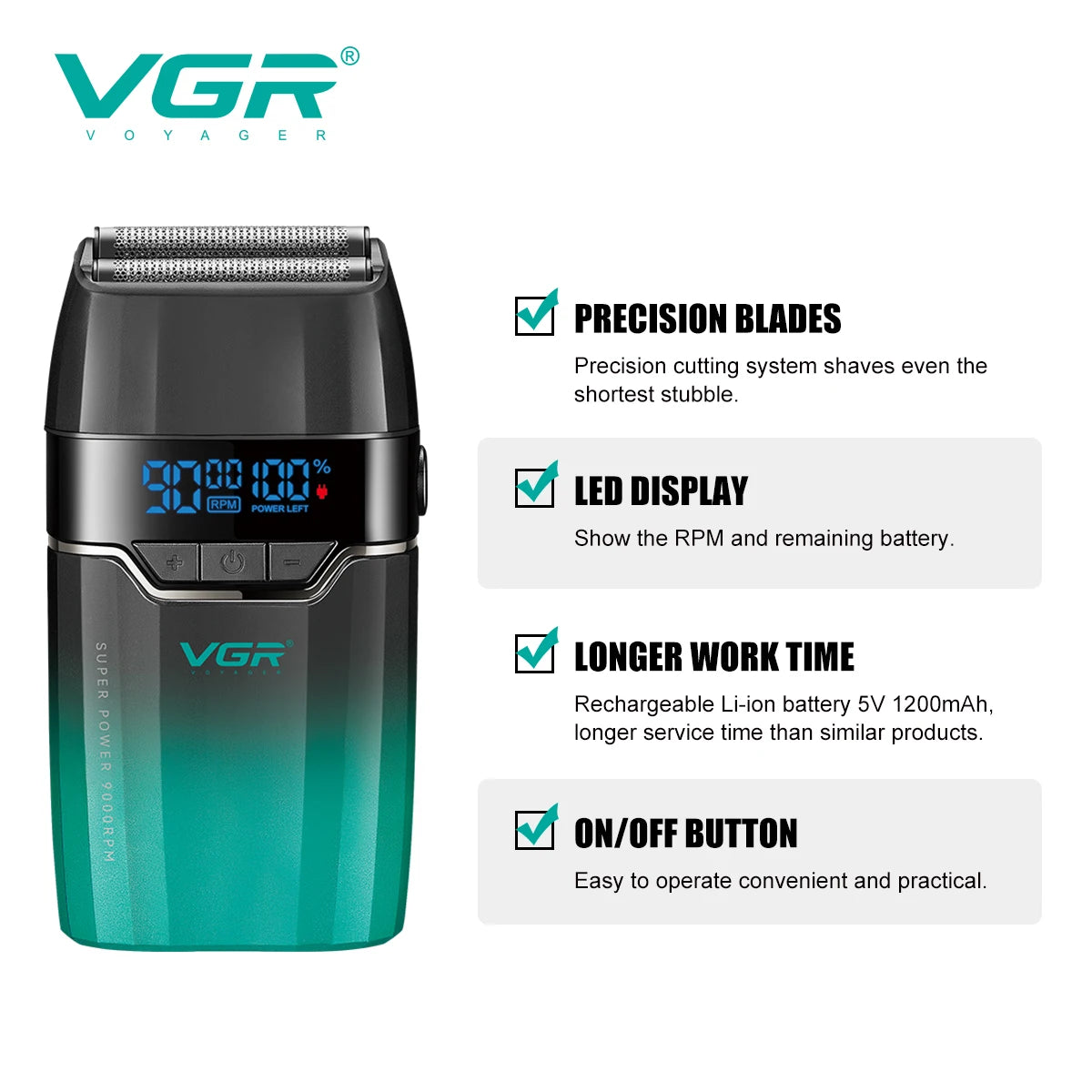 VGR Shaver Professional Beard Trimmer 9000 RPM Shaving Machine Razor Electric Shaver Reciprocating LED Shaver for Men V-308