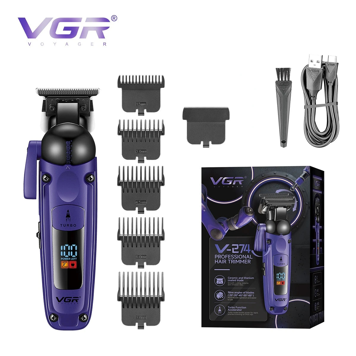 VGR Hair Trimmer Professional Hair Cutting Machine Cordless Hair Clipper Barber Adjustable Haircut LED Trimmer for Men V-274