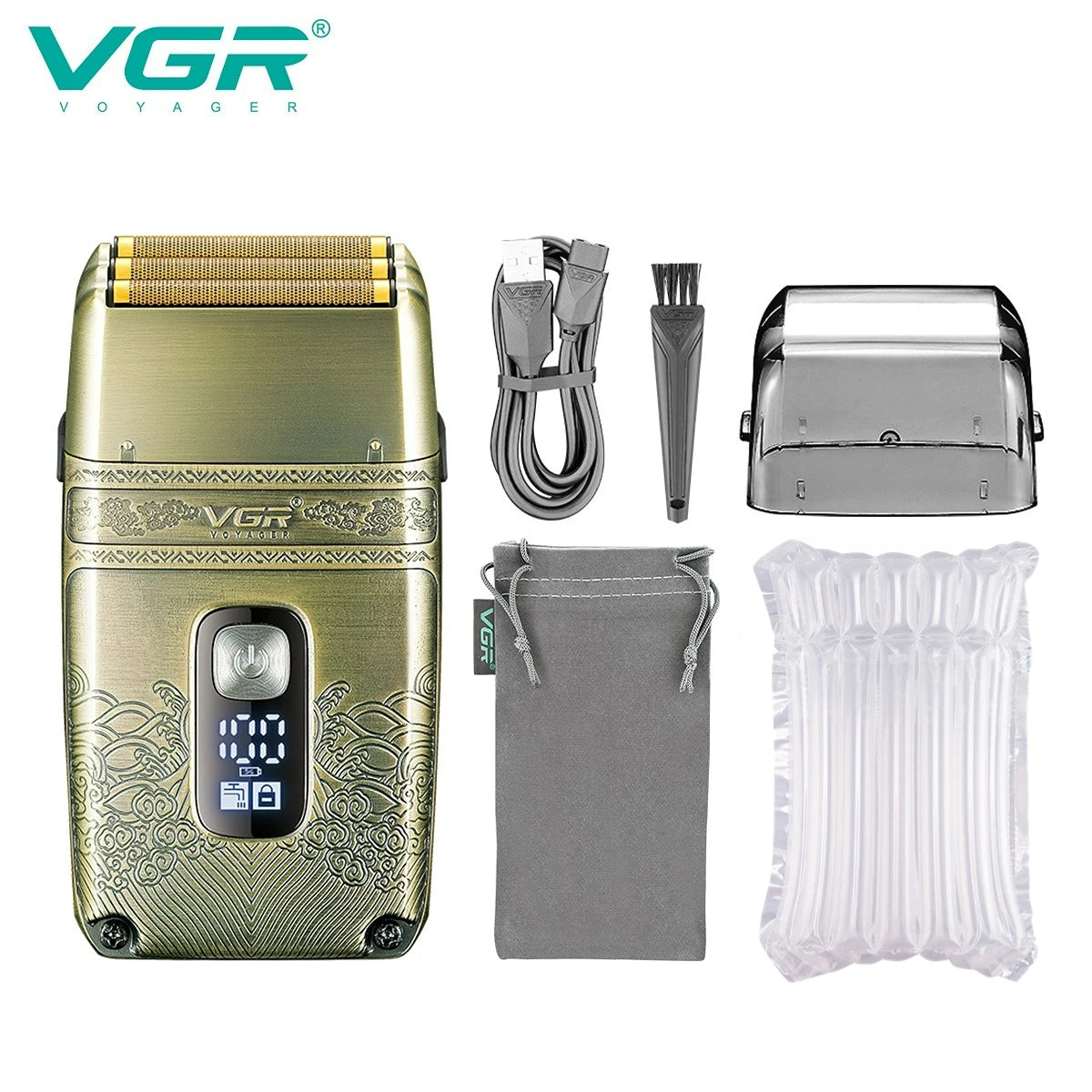 VGR Electric Shaver Professional Shaver Metal Beard Trimmer Titanium Blade Triple Foil Shaver for Bald Head LED Display V-335
