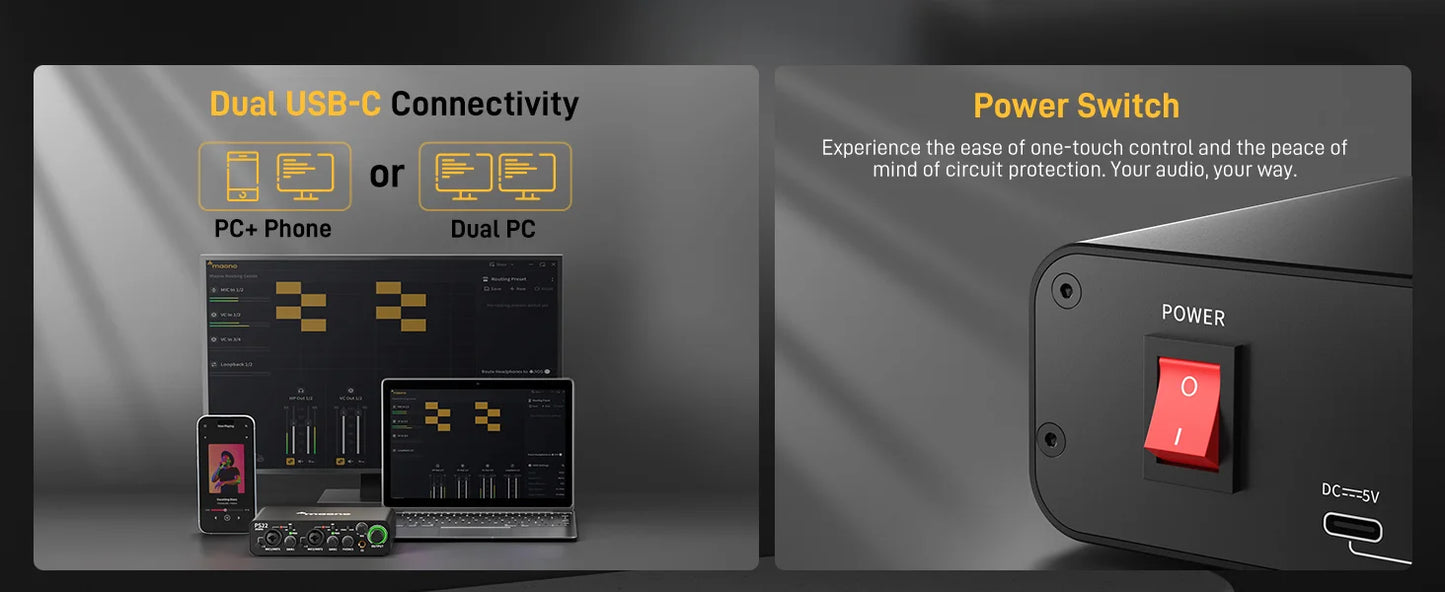 Maono PS22 – USB Audio Interface 24‑bit/192 kHz | 60 dB Pro Preamp, Dual USB, Low‑Noise Recording for Home Studio, Podcast & Streaming