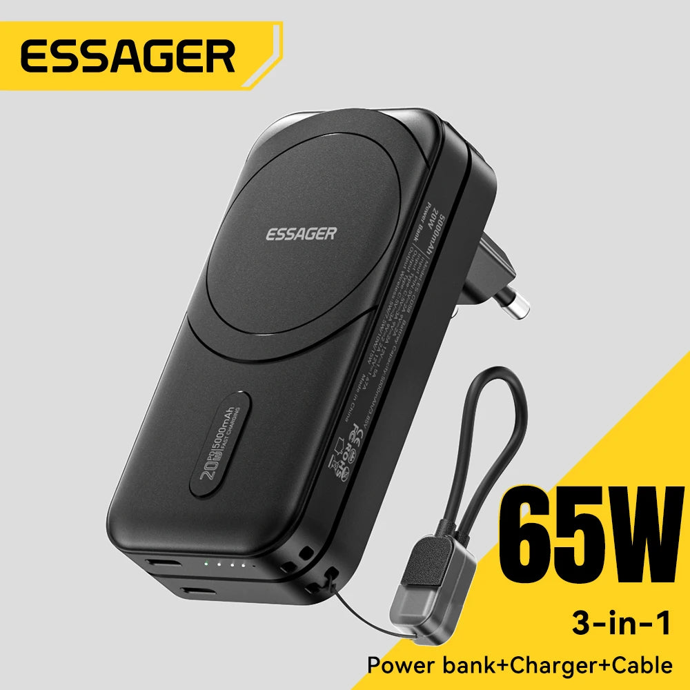 ESSAGER 3-in-1 Magnetic 65W GaN Charger Power Bank 5000mAh
