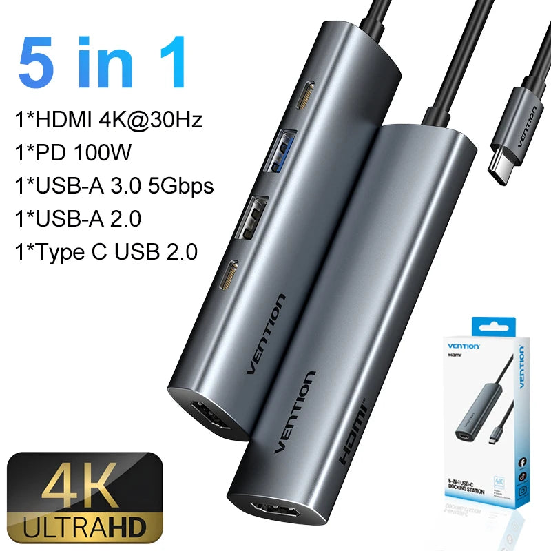 Vention 5‑in‑1 USB‑C Hub | 4K60Hz HDMI, USB 3.0, PD100W Multiport Dock for MacBook & Android