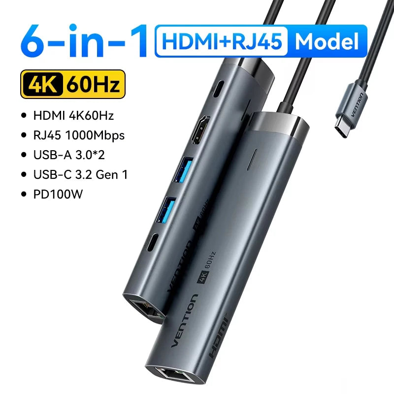 Vention USB‑C 6‑in‑1 Hub | HDMI 4K, PD 100W, RJ45, USB 3.0 Docking Station