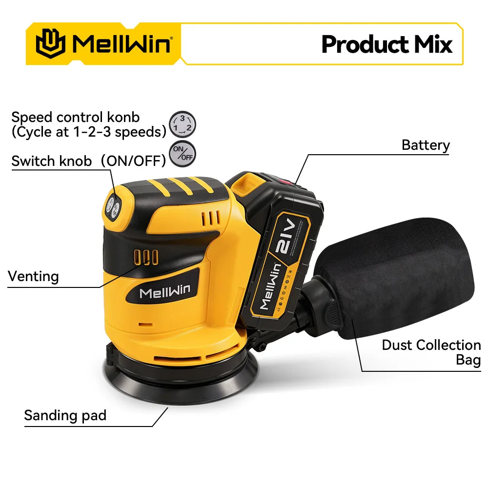 MELLWIN 125MM Electric Orbital Sander 3 Speeds Adjustable Cordless Grinding Sanding Polishing Machine For Makita 18V Battery Pin - Limetastore