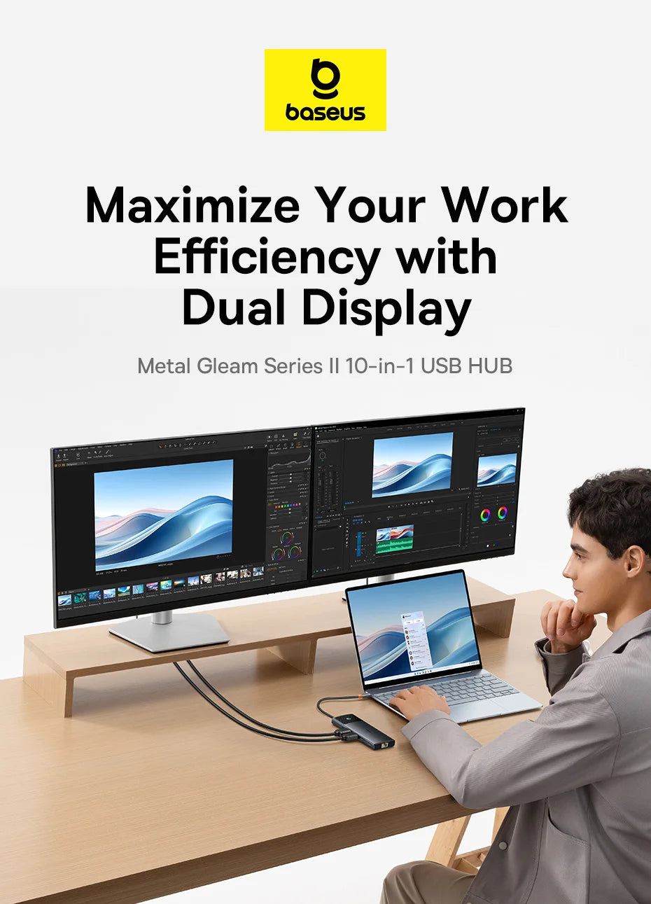 Baseus 10‑in‑1 USB‑C Hub | Dual HDMI 8K + 4K, USB 3.2 10Gbps, RJ45, SD/TF, PD 100W
