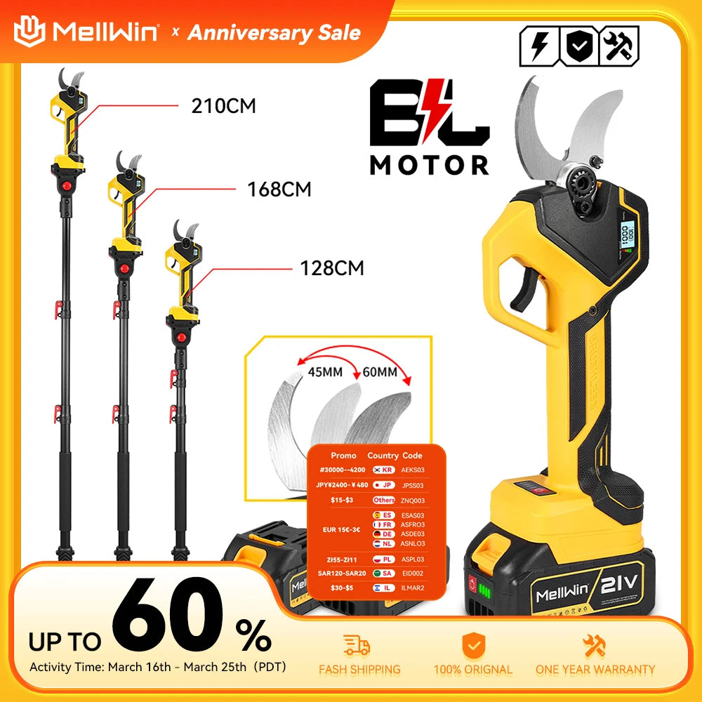 MELLWIN Brushless 50MM Electric Pruner Shear With 180CM Telescoping Pole Garden Pole Pruner Shear Tool For Makita 18VBattery Pin - Limetastore