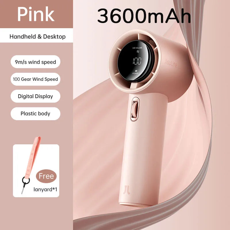 JISULIFE Mini Handheld Portable Fan – 100 Adjustable Wind Speeds, 5000mAh Battery
