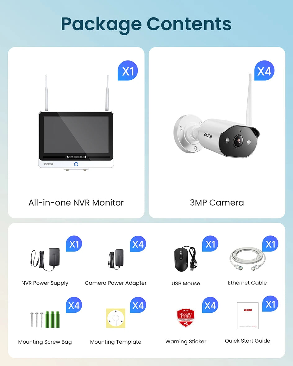 ZOSI 2K Wi‑Fi 6 8CH Security Camera System – 12'' LCD Monitor, 3MP Indoor/Outdoor Plug‑in WiFi Cameras