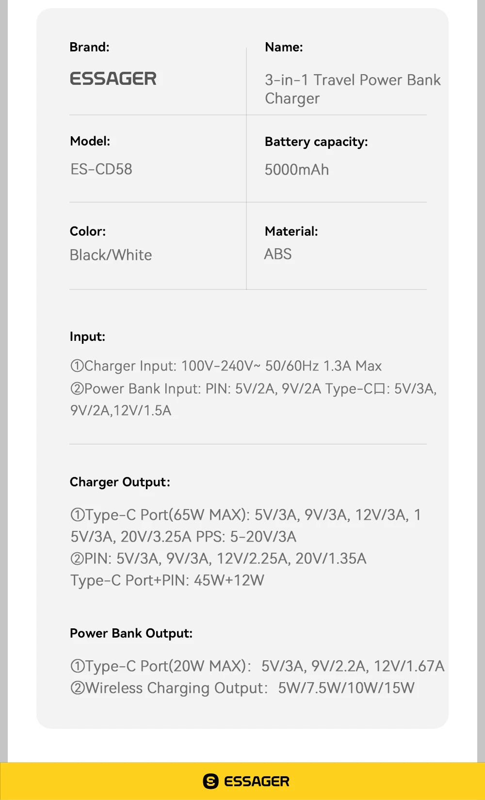 ESSAGER 3-in-1 Magnetic 65W GaN Charger Power Bank 5000mAh