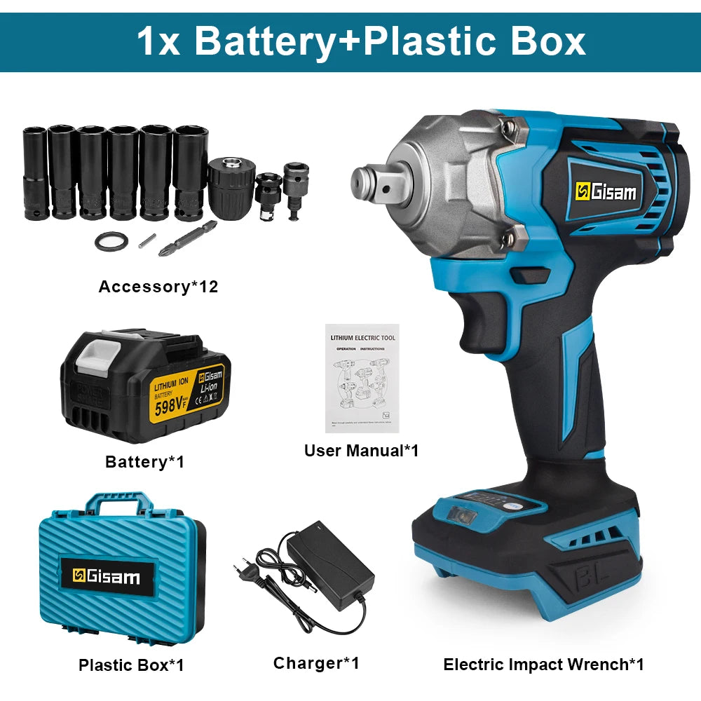 Gisam 1200N.m Torque Brushless Electric Impact Wrench 1/2 inch Cordless Wrench Screwdriver