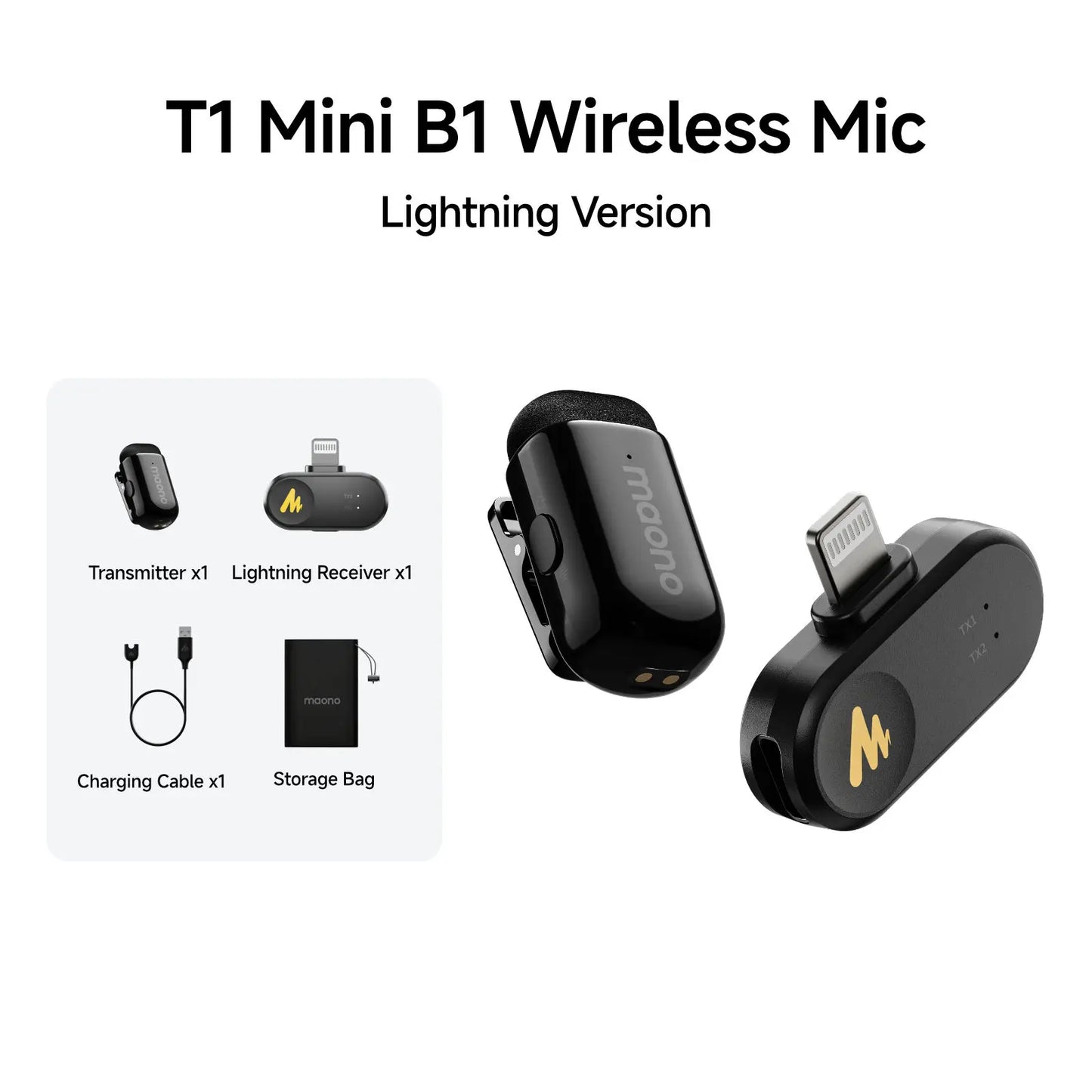Maono Wave T1 mini – Wireless Lavalier Microphone | AI Noise Cancellation, Auto‑Clipping & App Control for iPhone, Android & PC Video Recording