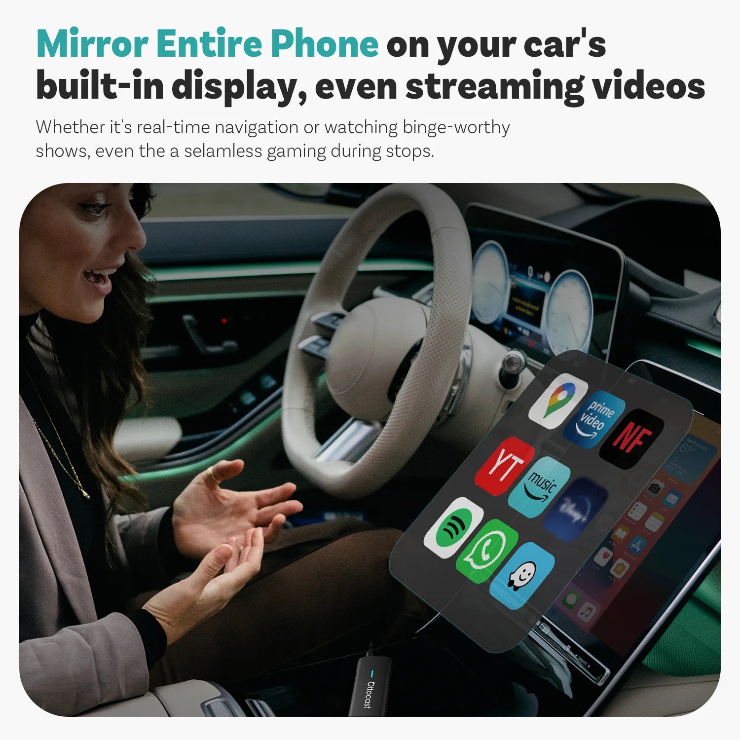 OTTOCAST Mirror Touch Bi‑Mirroring & Wireless CarPlay Adapter
