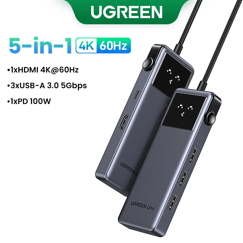 UGREEN Uno USB‑C Hub | 4K60Hz / 2K120Hz HDMI, RJ45 1000Mbps, PD100W, USB 3.0 Splitter for MacBook & Laptops