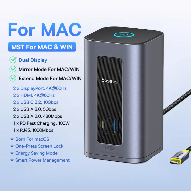 Baseus 12‑in‑1 USB‑C HUB | DisplayPort + HDMI 4K@60Hz MST, USB 3.2, RJ45, PD 100W Docking Station