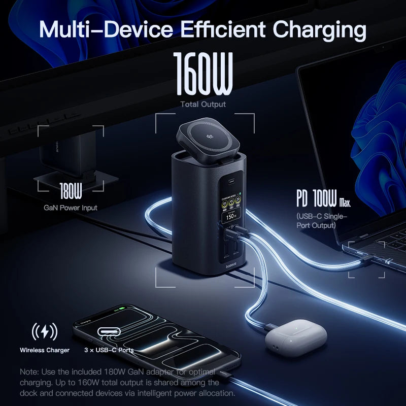 Baseus 160W 15‑in‑1 USB‑C HUB | Dual HDMI 4K@120Hz, Qi2.2 25W Wireless Charger