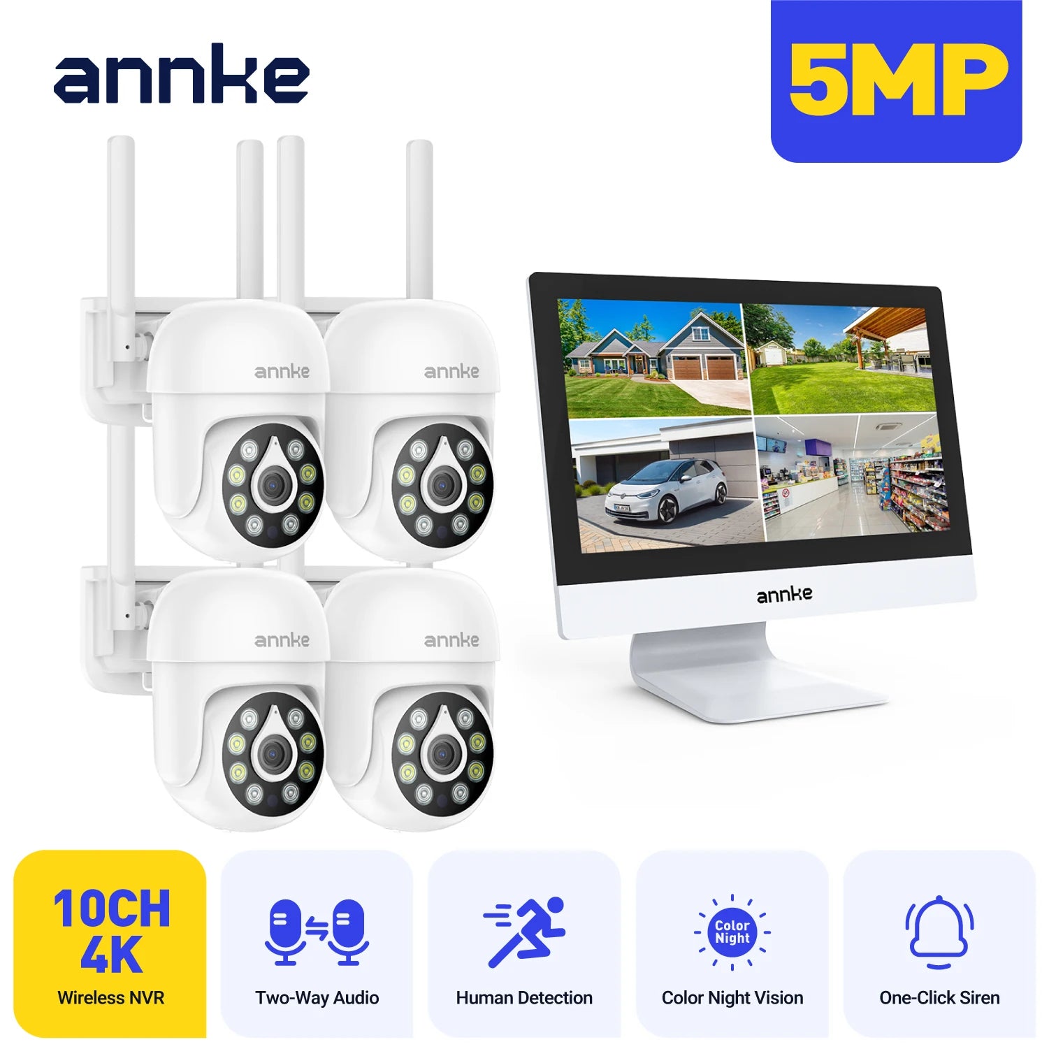 ANNKE 4MP Solar CCTV System | 10CH NVR, 5MP PTZ WiFi Cameras, PIR & Color Night Vision