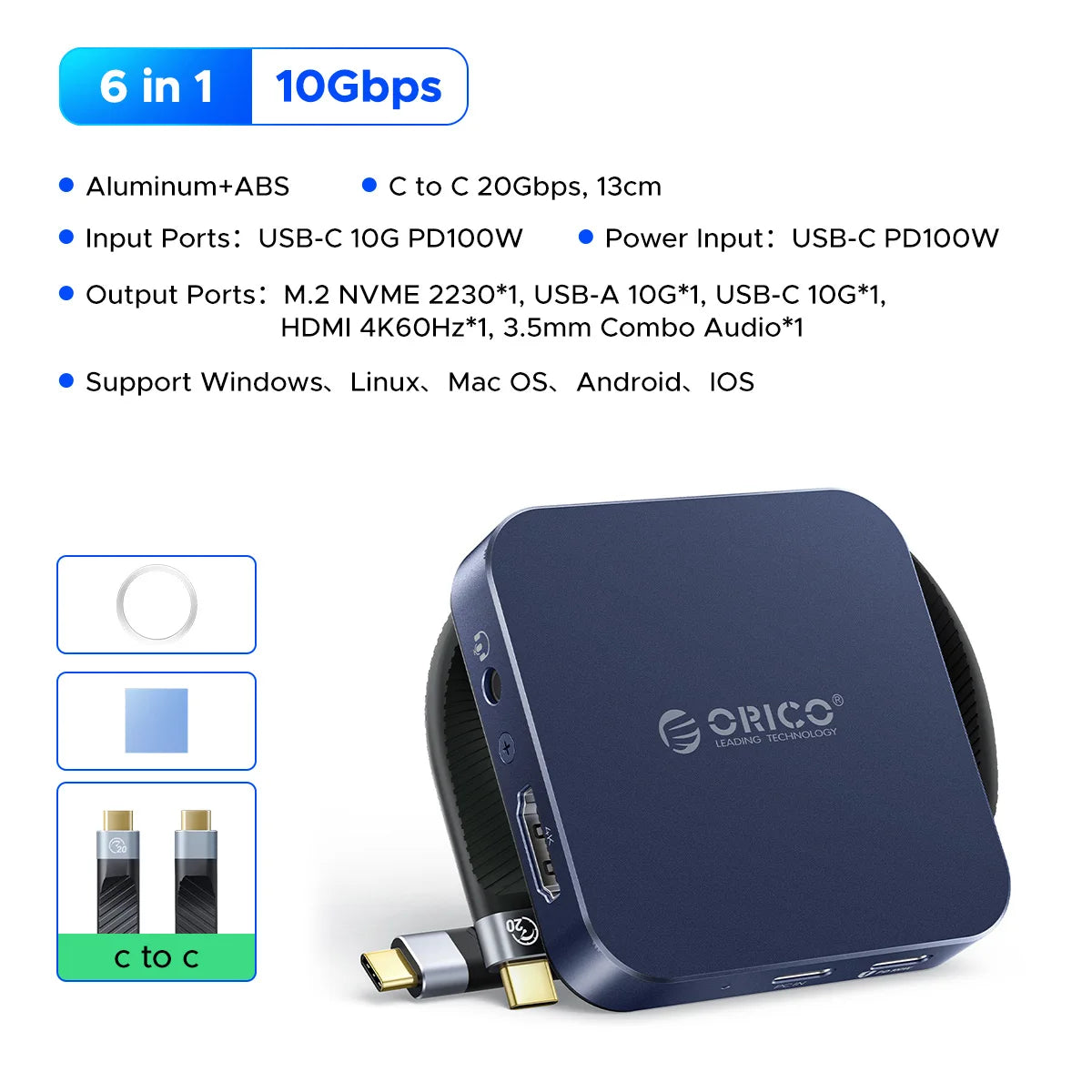 ORICO Magnetic M.2 2230 NVMe SSD Enclosure 10Gbps with 4K60Hz HDMI, SD/TF, PD100W