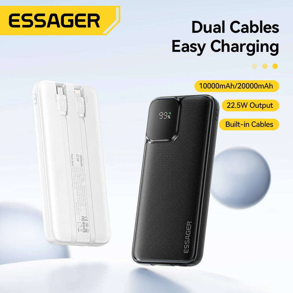 ESSAGER 20000mAh Power Bank with Two Built-in Cables 22.5W PD