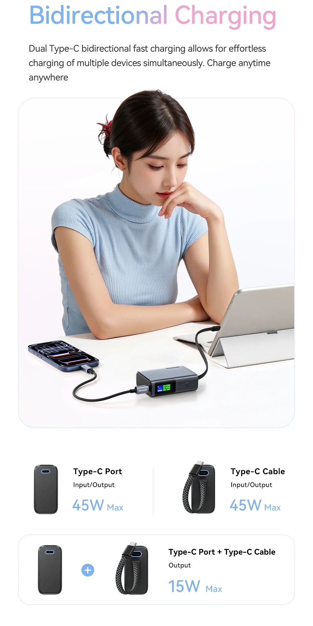 ESSAGER 45W Power Bank 10000mAh with Built-in USB-C Cable
