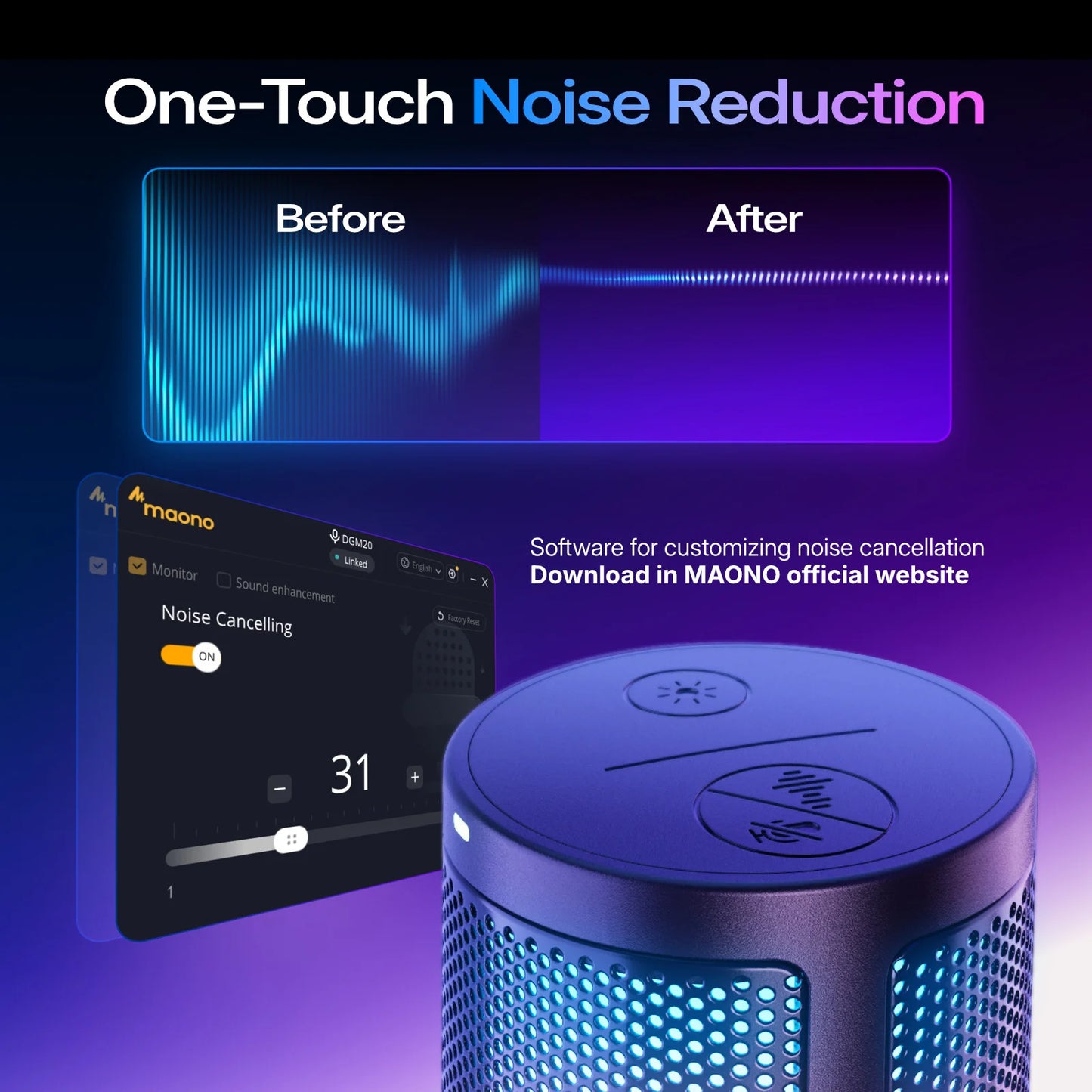 Maono DGM20S – USB Gaming Condenser Microphone | Noise Cancellation, RGB Lights, Mute & Zero‑Latency Monitoring for Streaming & Podcasting