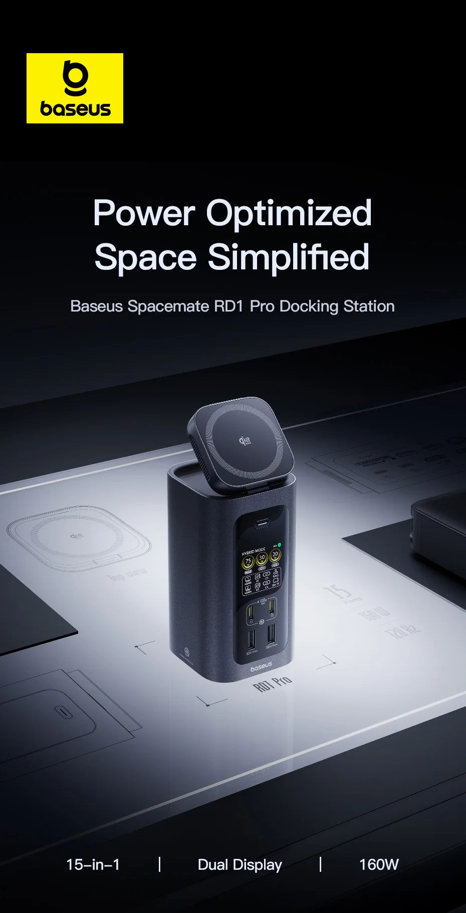 Baseus 160W 15‑in‑1 USB‑C HUB | Dual HDMI 4K@120Hz, Qi2.2 25W Wireless Charger