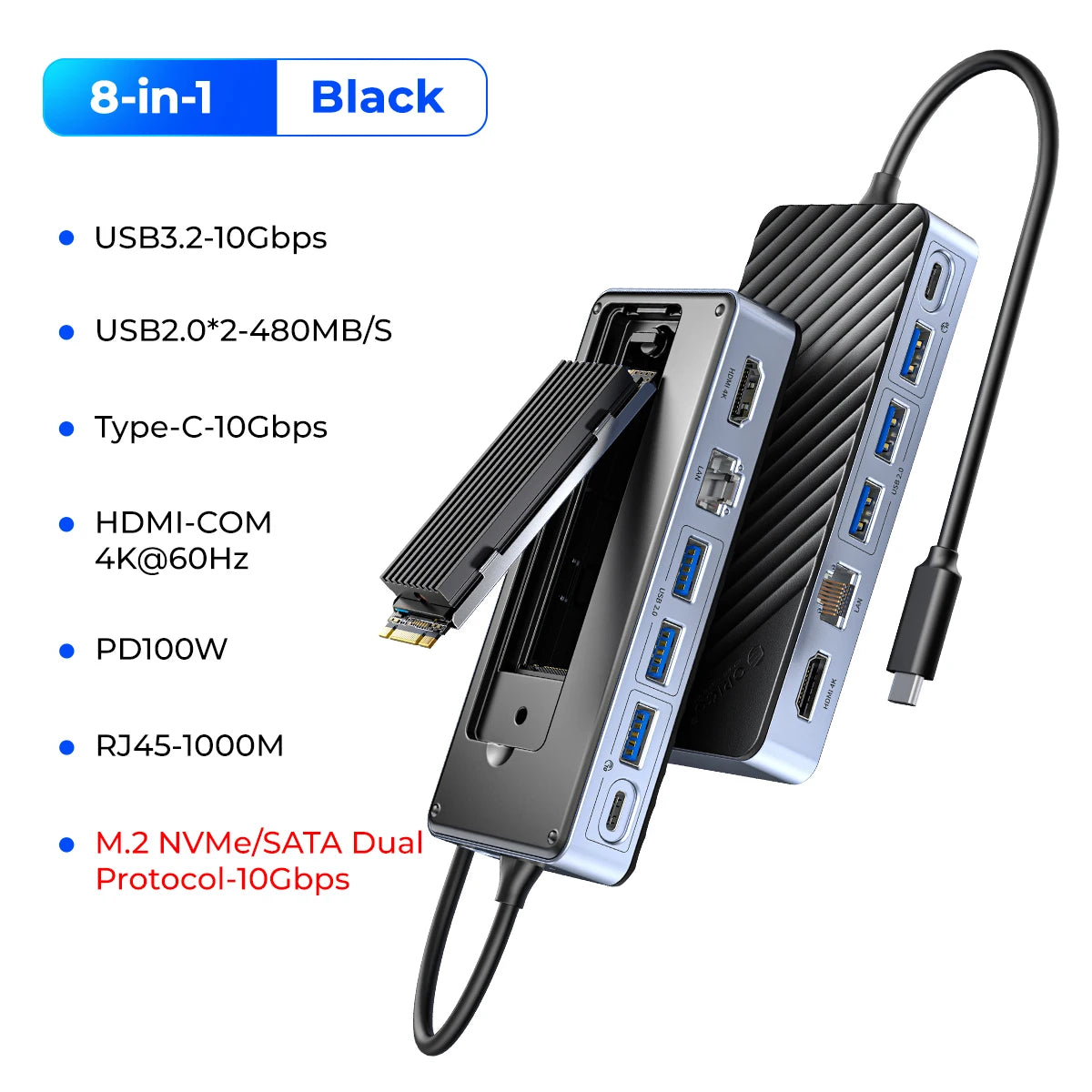 ORICO USB‑C Docking Station with M.2 NVMe/SATA SSD Enclosure (10Gbps), Cooling Fan
