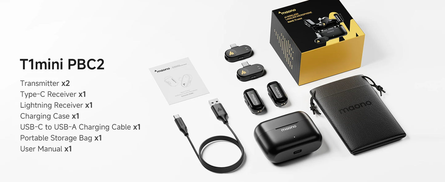 Maono T1mini – Wireless Lapel Microphone for Phones | Noise‑Cancellation, Auto‑Clipping & App Control for Professional Audio/Video Recording
